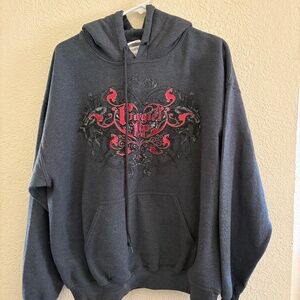 Cowgirl up hoodie gray with red letter in size Large.